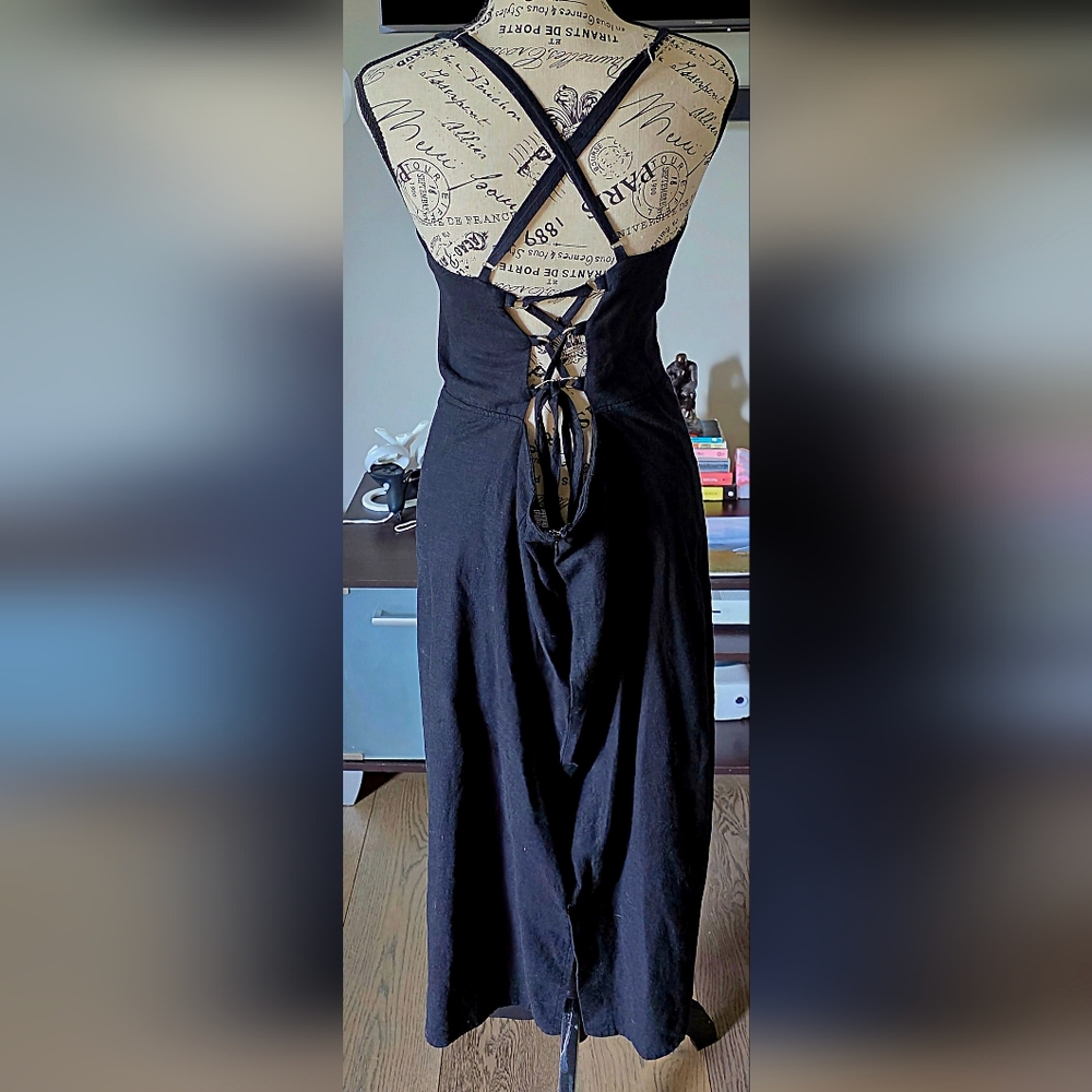 Women's Plus Size 16 Little Black Dress LBD Corset Back Lace Up Midi Slit Strap - Picture 8 of 16